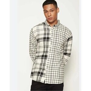 Zara Mens Medium Plaid Shirt Long Sleeve Button Down Casual Black‎ White